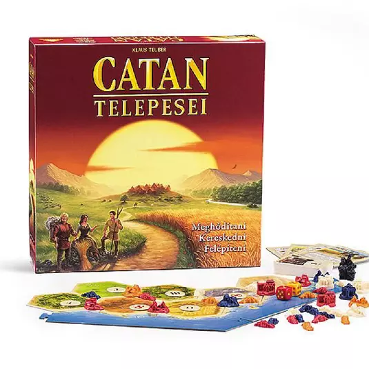 Catan telepesei, társasjáték doboz játék összetevőkkel